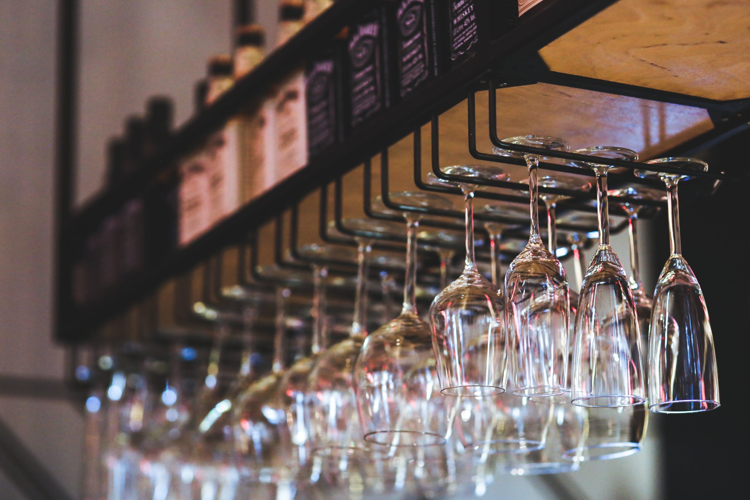 Service rows of wine glasses